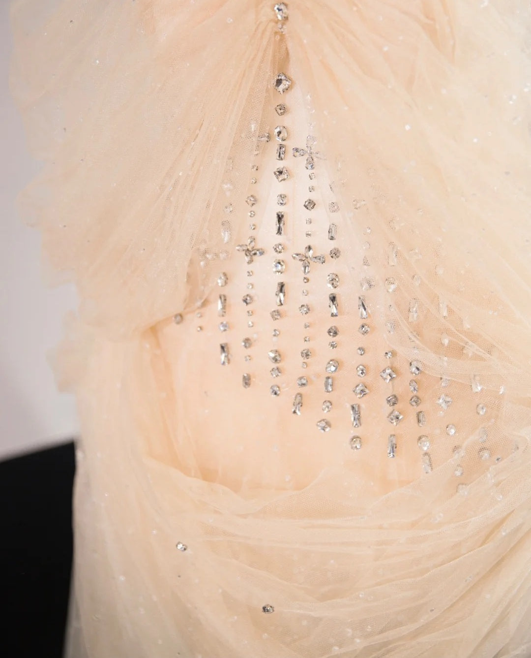 Chic Nude Tulle Strapless Maxi Dress Sweet 16 Beading Sparkling A-Line Prom Dress AP1053