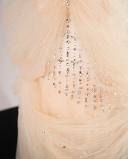 Chic Nude Tulle Strapless Maxi Dress Sweet 16 Beading Sparkling A-Line Prom Dress AP1053