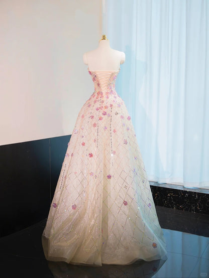 Fancy Flowers Design Tulle Sweet 16 Maxi Dress Strapless Glittering Beaded Cascade Mesh Prom Dress AP1054