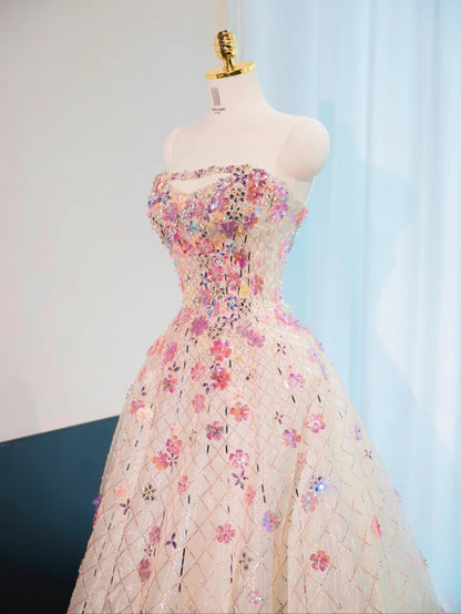 Fancy Flowers Design Tulle Sweet 16 Maxi Dress Strapless Glittering Beaded Cascade Mesh Prom Dress AP1054