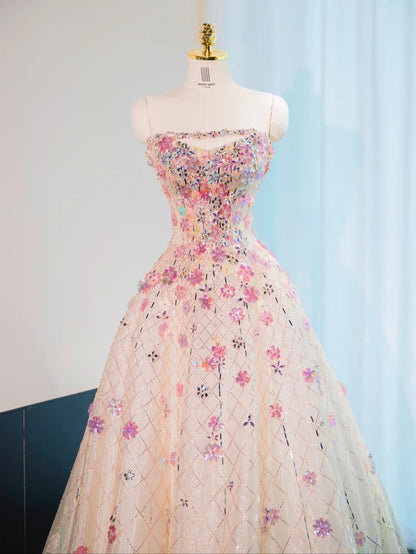 Fancy Flowers Design Tulle Sweet 16 Maxi Dress Strapless Glittering Beaded Cascade Mesh Prom Dress AP1054