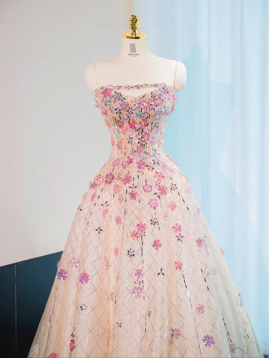 Fancy Flowers Design Tulle Sweet 16 Maxi Dress Strapless Glittering Beaded Cascade Mesh Prom Dress AP1054