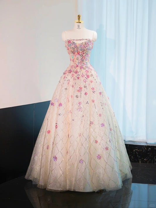 Fancy Flowers Design Tulle Sweet 16 Maxi Dress Strapless Glittering Beaded Cascade Mesh Prom Dress AP1054