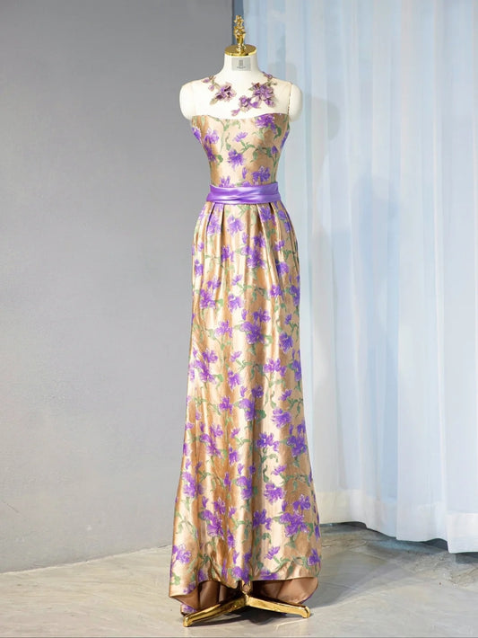 Retro Gold Satin Fabric Sweet 16 Maxi Dress Strapless Purple Flowers Design Prom Dress AP1055