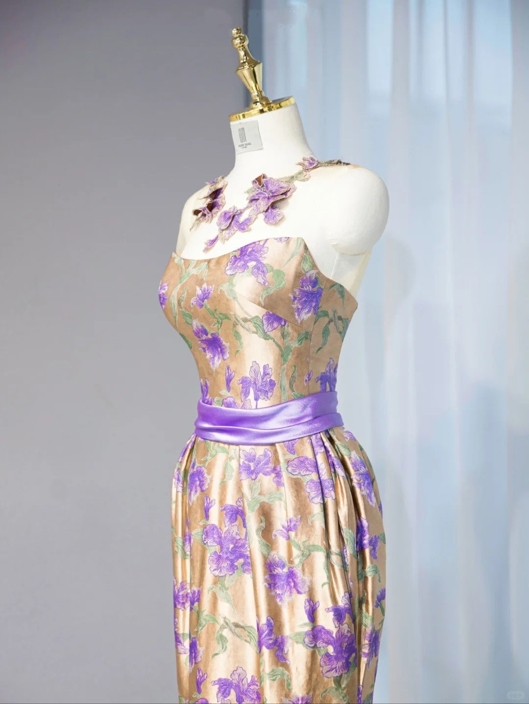 Retro Gold Satin Fabric Sweet 16 Maxi Dress Strapless Purple Flowers Design Prom Dress AP1055