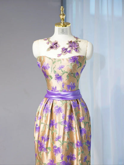Retro Gold Satin Fabric Sweet 16 Maxi Dress Strapless Purple Flowers Design Prom Dress AP1055