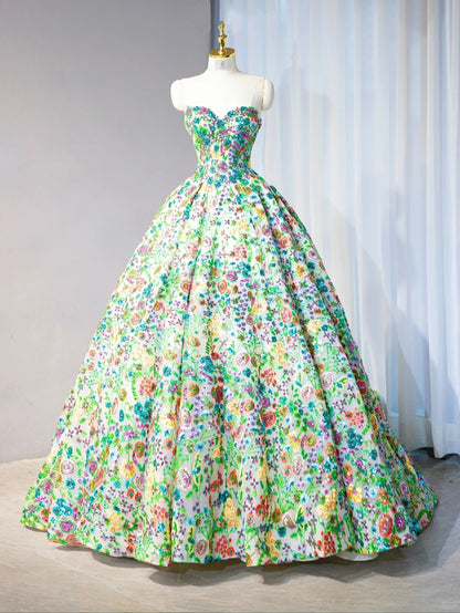 Vibrant Sequins Floral Sweet 16 Maxi Dress With Train Strapless Green Prom Dress AP1056