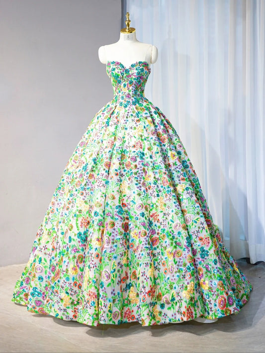 Vibrant Sequins Floral Sweet 16 Maxi Dress With Train Strapless Green Prom Dress AP1056