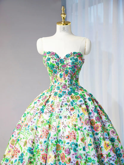 Vibrant Sequins Floral Sweet 16 Maxi Dress With Train Strapless Green Prom Dress AP1056