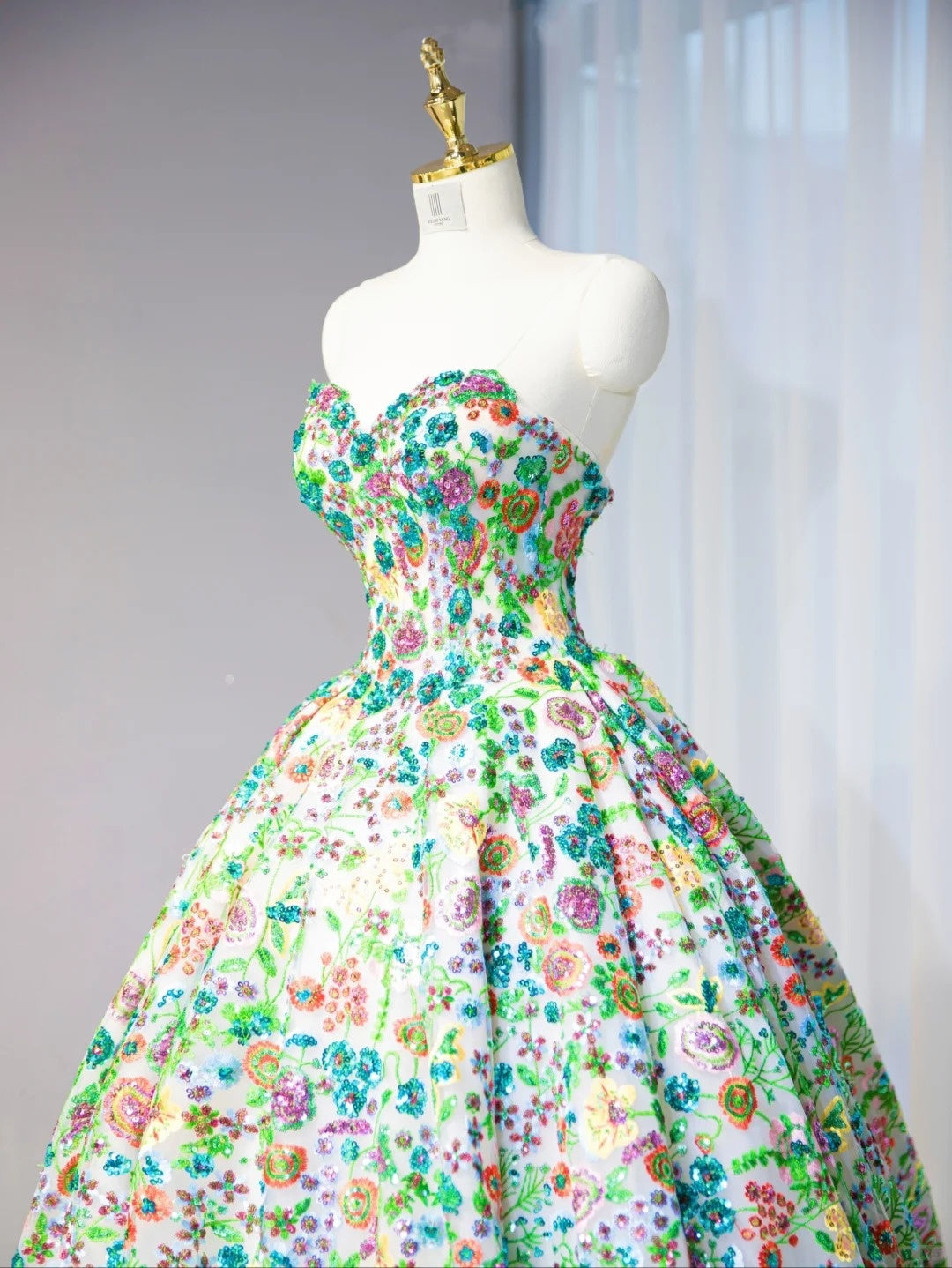 Vibrant Sequins Floral Sweet 16 Maxi Dress With Train Strapless Green Prom Dress AP1056