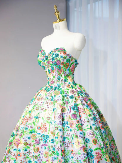 Vibrant Sequins Floral Sweet 16 Maxi Dress With Train Strapless Green Prom Dress AP1056