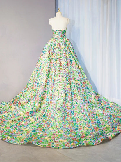 Vibrant Sequins Floral Sweet 16 Maxi Dress With Train Strapless Green Prom Dress AP1056