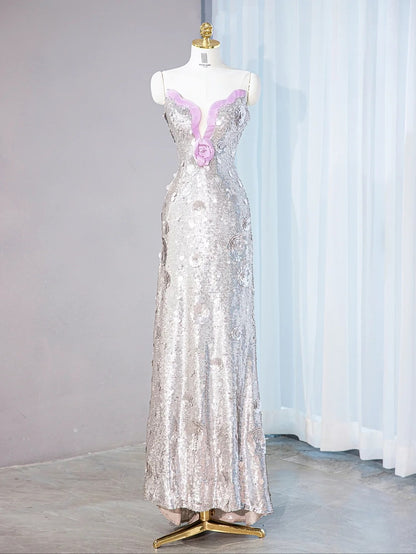 Charming Sparkling Sequins Sheath Maxi Dress Sweetheart Neck Strapless Handmade Flower Prom Dress AP1057