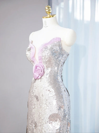 Charming Sparkling Sequins Sheath Maxi Dress Sweetheart Neck Strapless Handmade Flower Prom Dress AP1057
