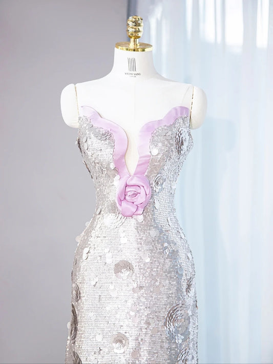 Charming Sparkling Sequins Sheath Maxi Dress Sweetheart Neck Strapless Handmade Flower Prom Dress AP1057