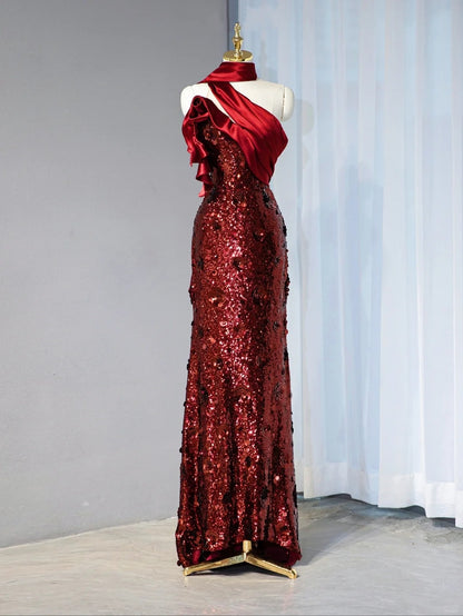 Sexy Asymmetric Neckline Red Satin Splicing Maxi Dress Strapless Glowing Sequins Halter Prom Dress AP1058
