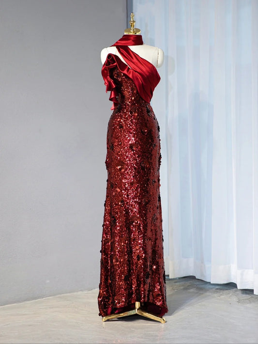 Sexy Asymmetric Neckline Red Satin Splicing Maxi Dress Strapless Glowing Sequins Halter Prom Dress AP1058