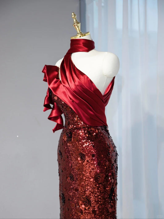 Sexy Asymmetric Neckline Red Satin Splicing Maxi Dress Strapless Glowing Sequins Halter Prom Dress AP1058