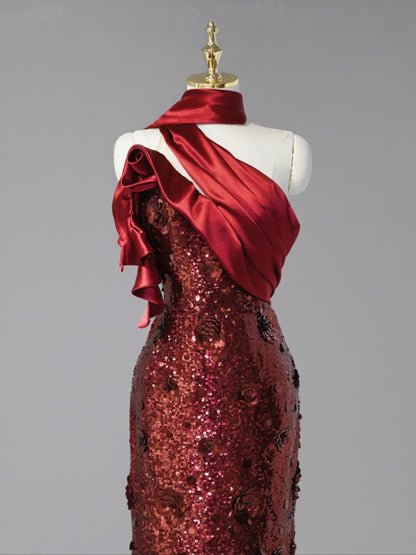 Sexy Asymmetric Neckline Red Satin Splicing Maxi Dress Strapless Glowing Sequins Halter Prom Dress AP1058