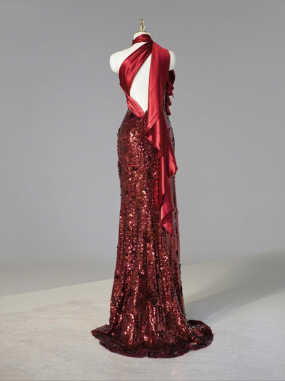 Sexy Asymmetric Neckline Red Satin Splicing Maxi Dress Strapless Glowing Sequins Halter Prom Dress AP1058