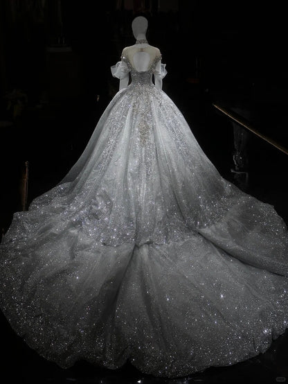 Luxurious Beaded Glowing Sheer Tulle Layered Bridal Dress Off-Shoulder Crystal Details Wedding Dress AP1059