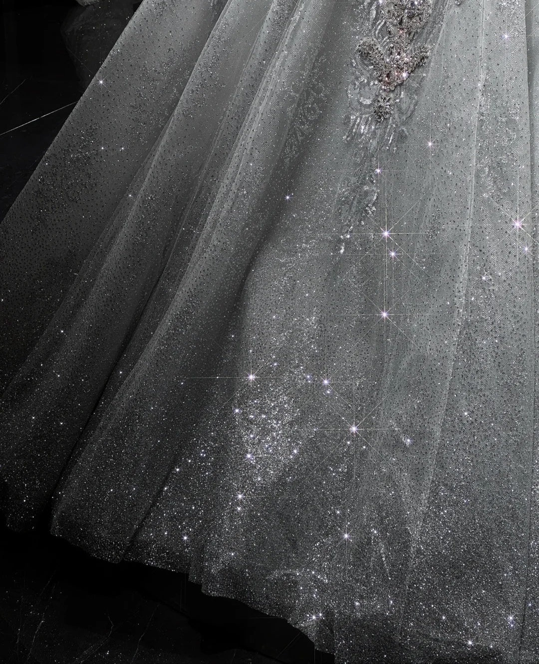 Luxurious Beaded Glowing Sheer Tulle Layered Bridal Dress Off-Shoulder Crystal Details Wedding Dress AP1059