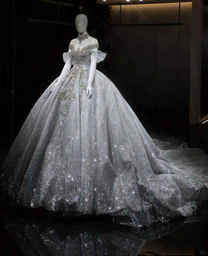 Luxurious Beaded Glowing Sheer Tulle Layered Bridal Dress Off-Shoulder Crystal Details Wedding Dress AP1059