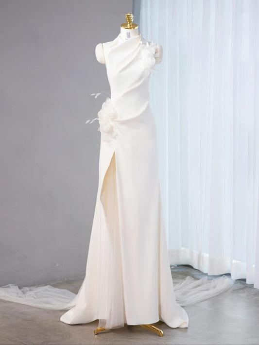 Chic Asymmetric Hem Tulle Splicing Maxi Dress Handmade Flowers Detail Halter Prom Dress AP1060