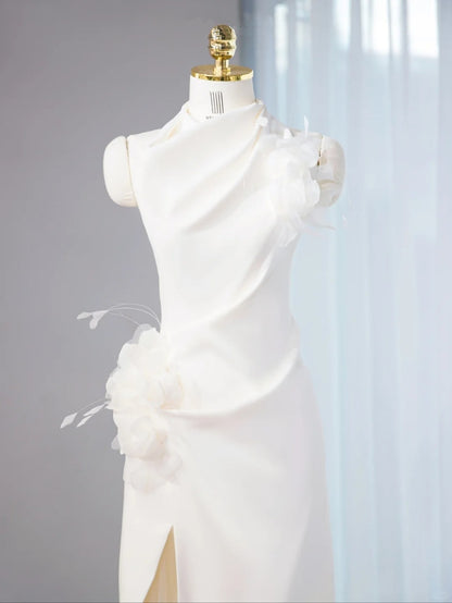 Chic Asymmetric Hem Tulle Splicing Maxi Dress Handmade Flowers Detail Halter Prom Dress AP1060