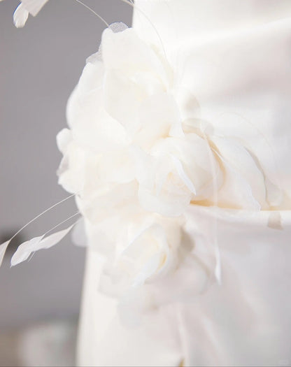 Chic Asymmetric Hem Tulle Splicing Maxi Dress Handmade Flowers Detail Halter Prom Dress AP1060