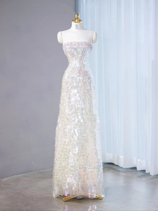 Ethereal Sparkling Iridescent Sequins Sweet 16 Maxi Dress Strapless Cinched-Waist Beading Prom Dress AP1061