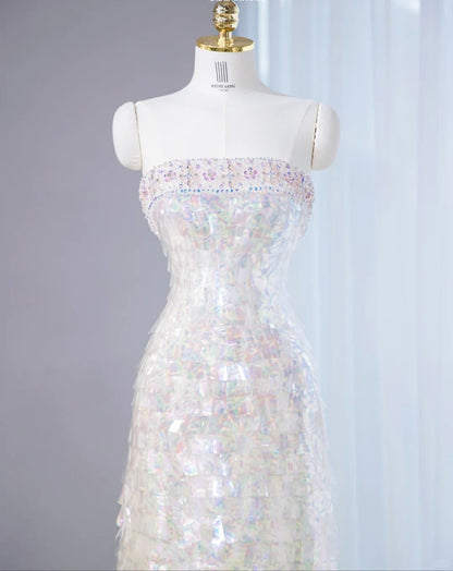 Ethereal Sparkling Iridescent Sequins Sweet 16 Maxi Dress Strapless Cinched-Waist Beading Prom Dress AP1061