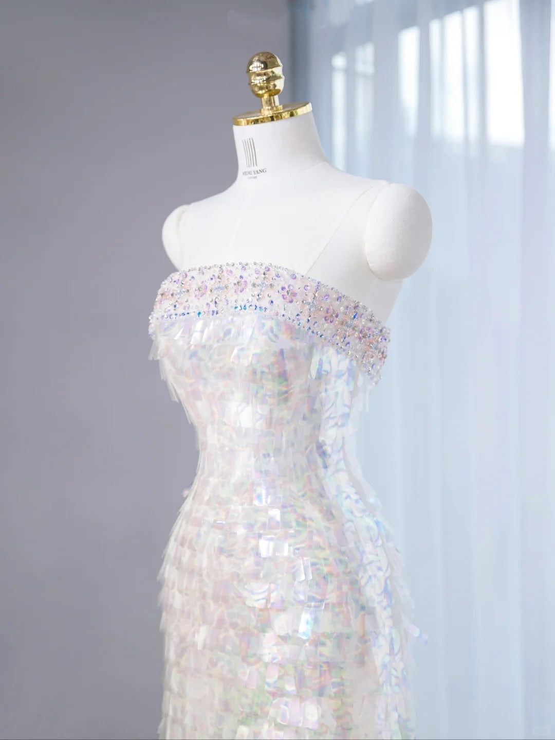 Ethereal Sparkling Iridescent Sequins Sweet 16 Maxi Dress Strapless Cinched-Waist Beading Prom Dress AP1061