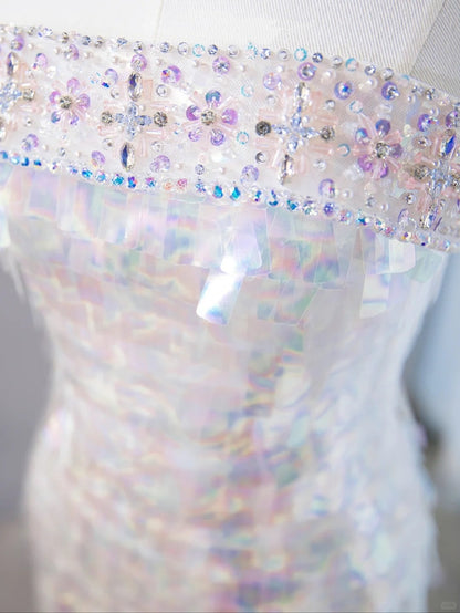 Ethereal Sparkling Iridescent Sequins Sweet 16 Maxi Dress Strapless Cinched-Waist Beading Prom Dress AP1061