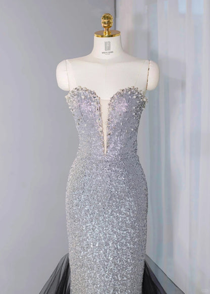 Fashionable Silver-Black Gradient Sparkling Sequins Maxi Dress Tulle Splicing Strapless Beading Prom Dress AP1062