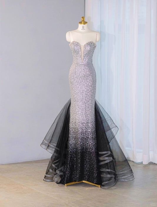 Fashionable Silver-Black Gradient Sparkling Sequins Maxi Dress Tulle Splicing Strapless Beading Prom Dress AP1062
