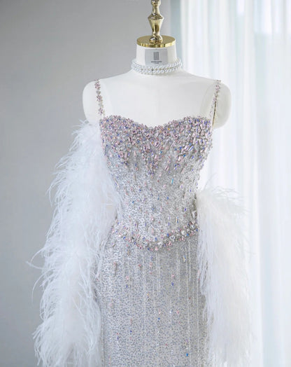 Dreamy Silver Sparkling Rhinestone Maxi Dress Feather Shawl Beaded Spaghetti Straps Prom Dress AP1063