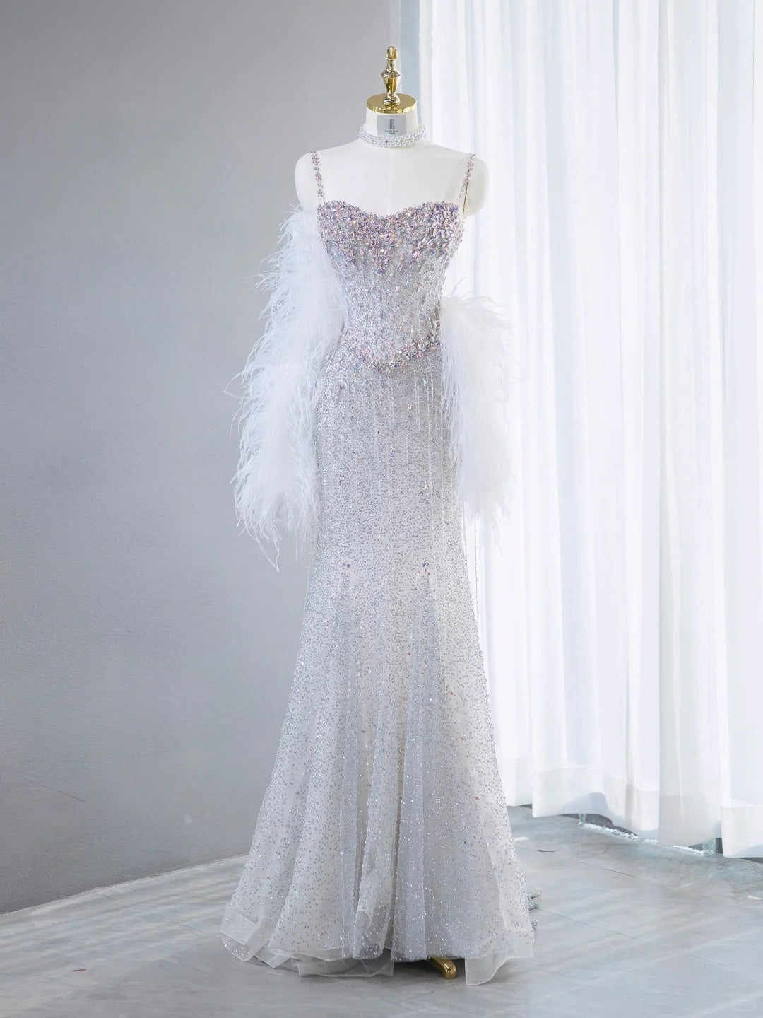 Dreamy Silver Sparkling Rhinestone Maxi Dress Feather Shawl Beaded Spaghetti Straps Prom Dress AP1063