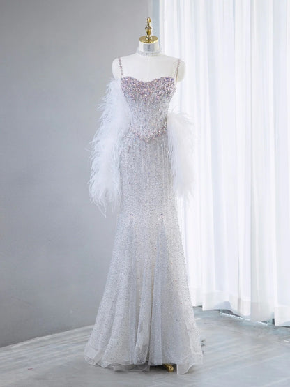 Dreamy Silver Sparkling Rhinestone Maxi Dress Feather Shawl Beaded Spaghetti Straps Prom Dress AP1063