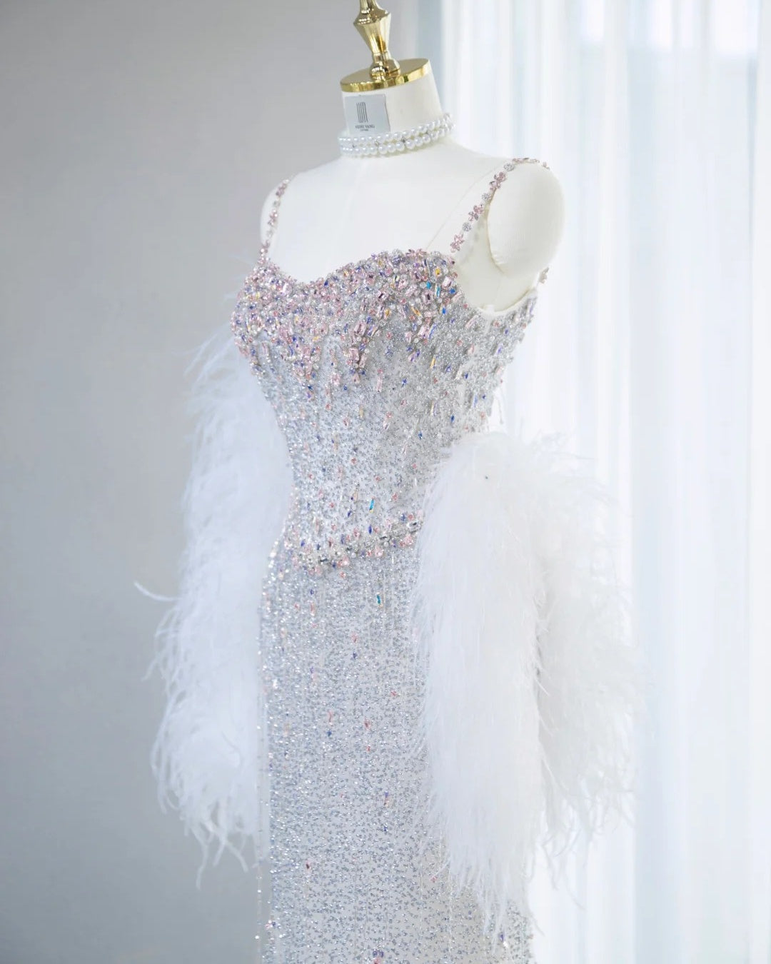 Dreamy Silver Sparkling Rhinestone Maxi Dress Feather Shawl Beaded Spaghetti Straps Prom Dress AP1063