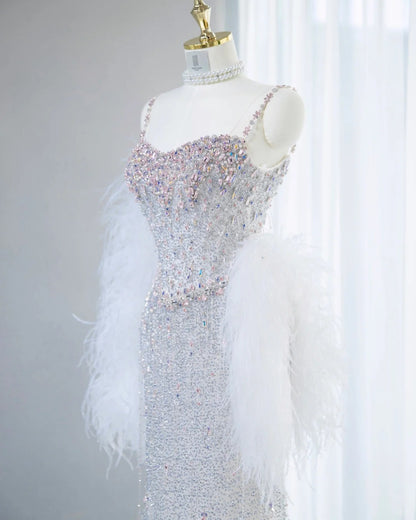 Dreamy Silver Sparkling Rhinestone Maxi Dress Feather Shawl Beaded Spaghetti Straps Prom Dress AP1063