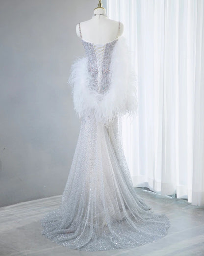 Dreamy Silver Sparkling Rhinestone Maxi Dress Feather Shawl Beaded Spaghetti Straps Prom Dress AP1063