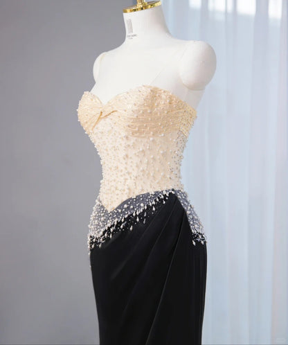 Niche Ivory-Black Splicing Sparkling Mermaid Maxi Dress Draped Strapless Beading Prom Dress AP1064