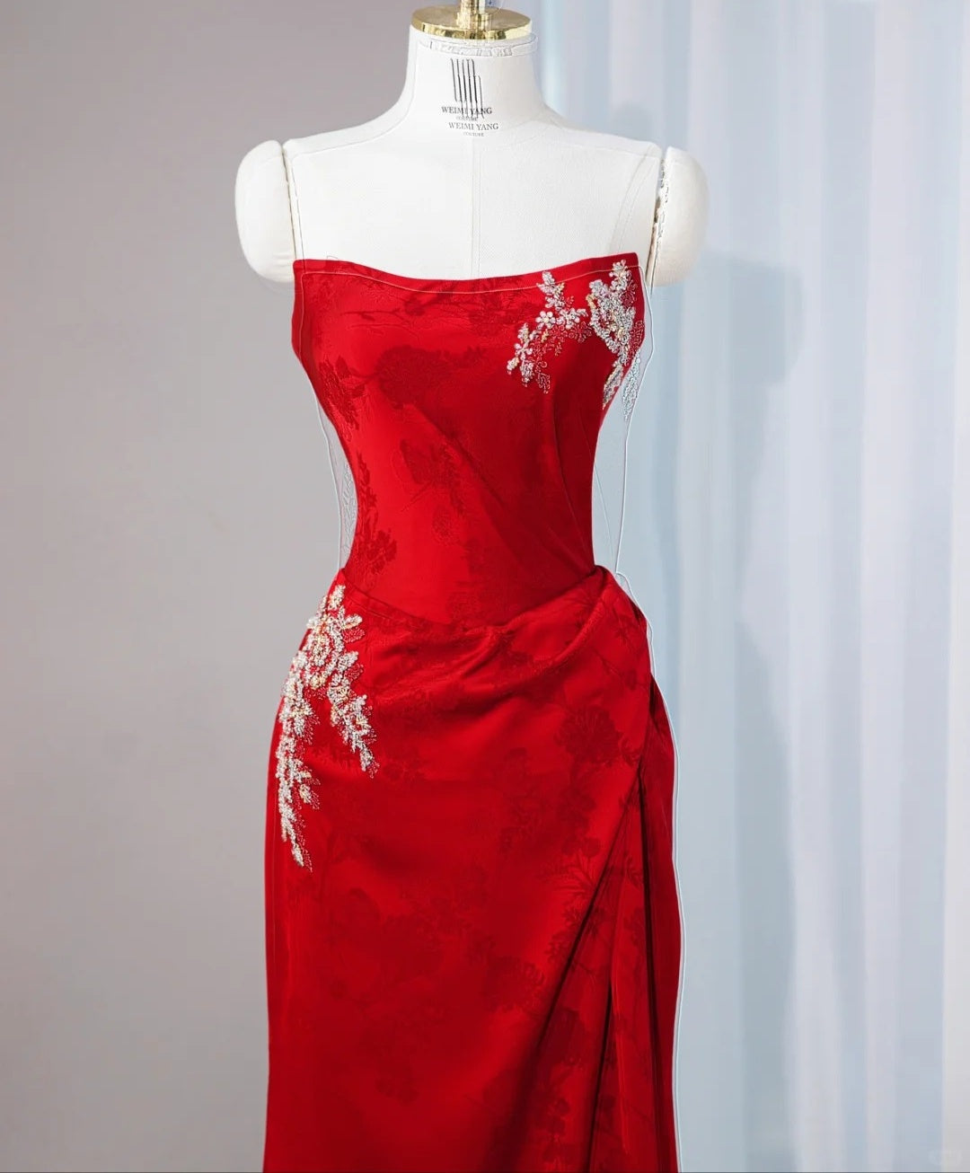 Classical Red Satin Fabric Feast Maxi Dress Strapless Gathered Sparkling Beading Prom Dress AP1065