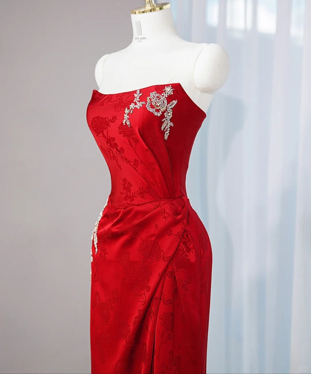 Classical Red Satin Fabric Feast Maxi Dress Strapless Gathered Sparkling Beading Prom Dress AP1065