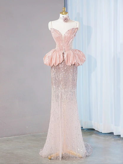 Intricate Sweetheart Neck Evening Dress Strapless Satin Peplum Tulle Splicing Beading Prom Dress AP1066