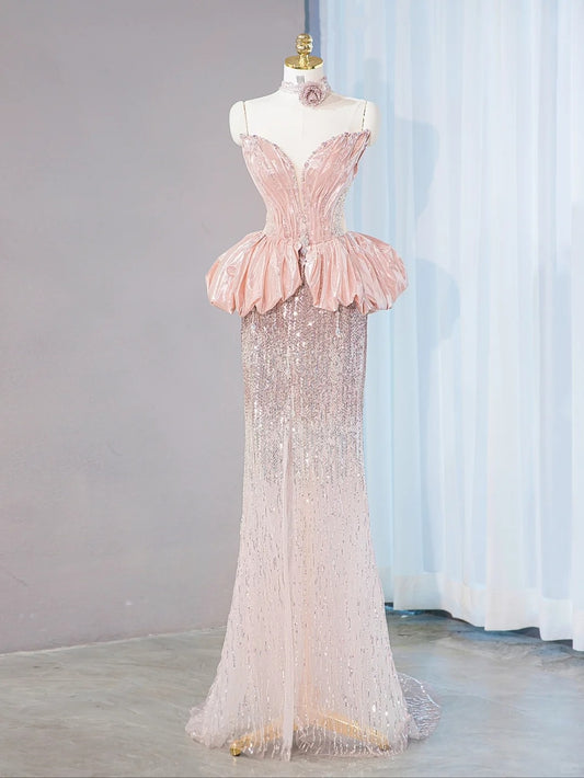 Intricate Sweetheart Neck Evening Dress Strapless Satin Peplum Tulle Splicing Beading Prom Dress AP1066