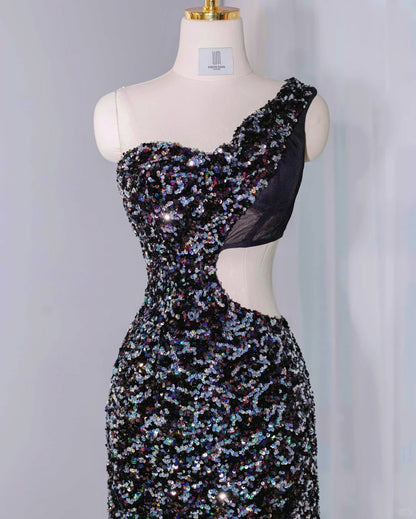 Glamorous Side Cutout Sleek Evening Dress One Shoulder Sequins Glowing Prom Dress AP1067