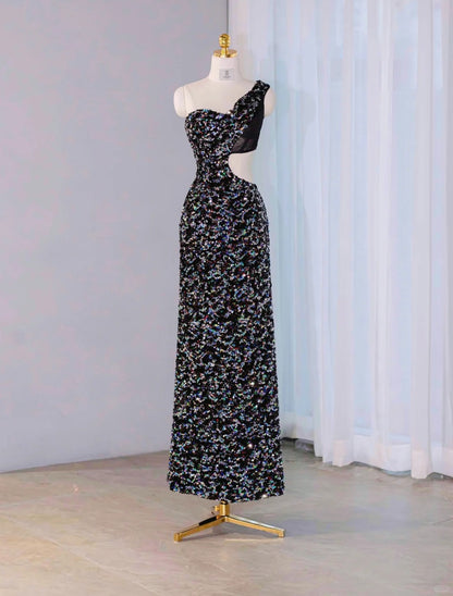Glamorous Side Cutout Sleek Evening Dress One Shoulder Sequins Glowing Prom Dress AP1067