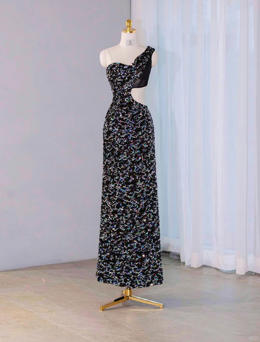 Glamorous Side Cutout Sleek Evening Dress One Shoulder Sequins Glowing Prom Dress AP1067